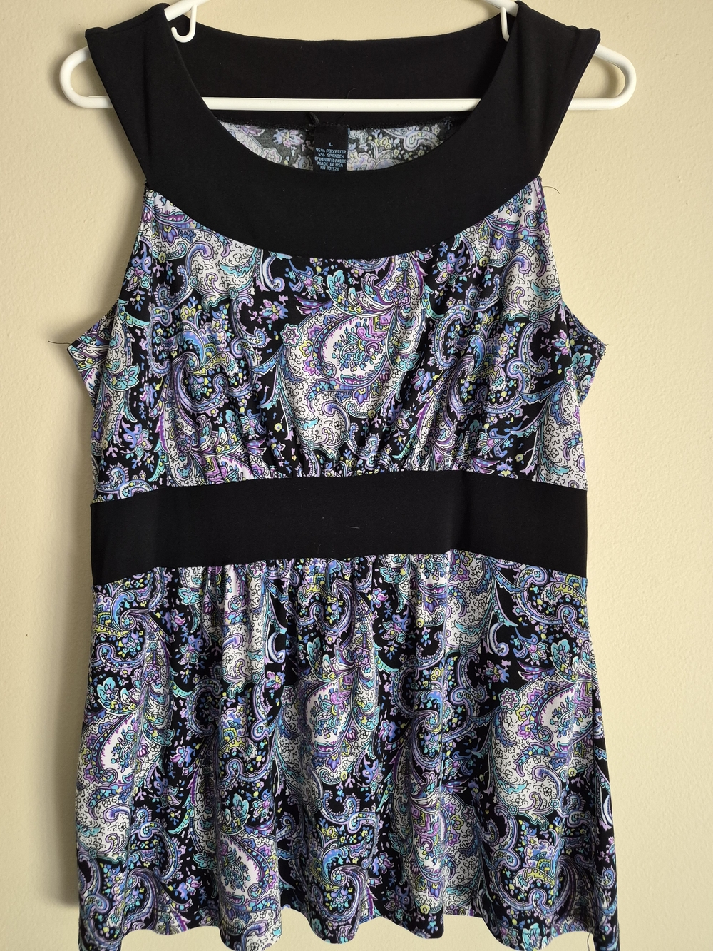 Sleeveless Paisley Tank Top with Black Yoke and Waistband